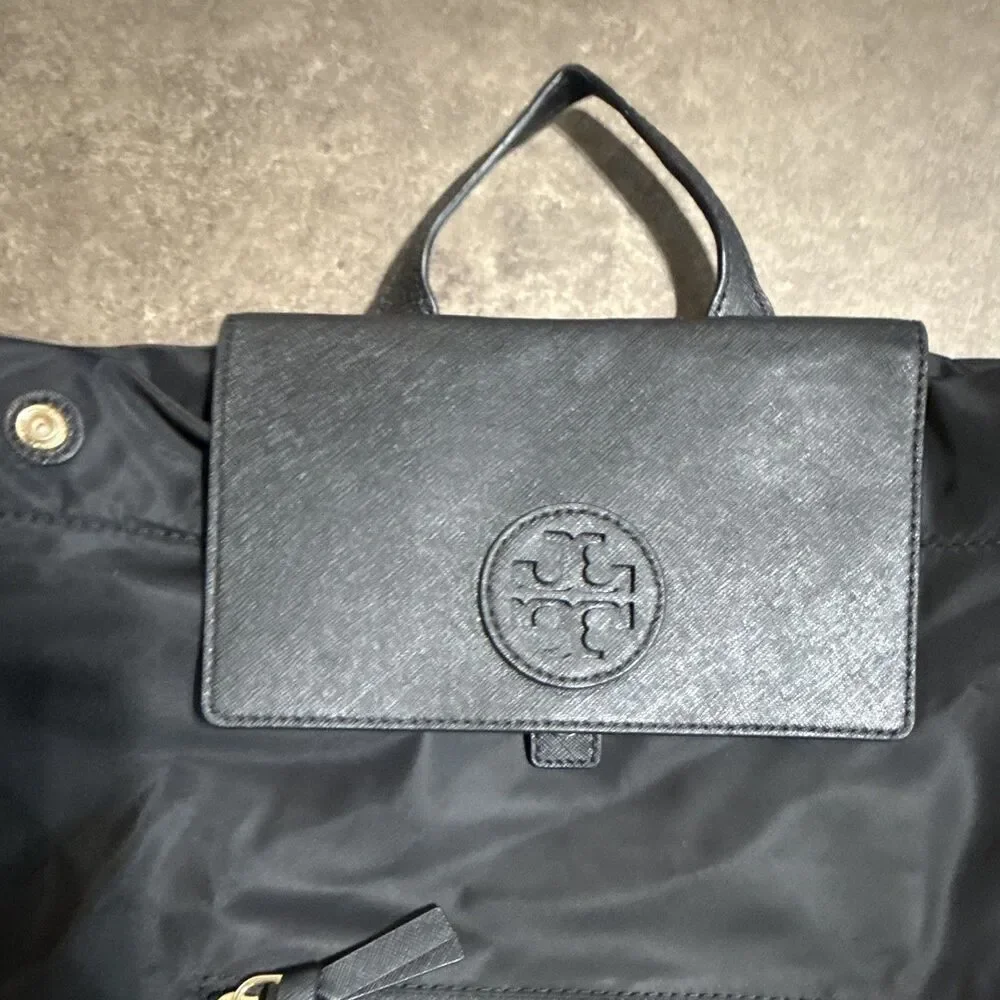 Tory Burch Black Drawstring Backpack Top Handle Gold Hardware Logo Pockets